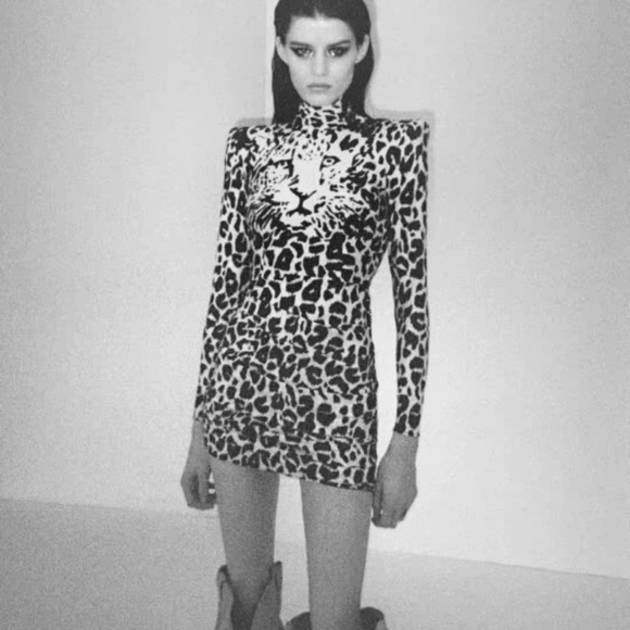 Alex Perry Black and White Leopard-Print Turtleneck Mini Dress